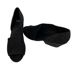 Eileen Fisher Fig‎ Peep Toe Nubuck Leather 2.5" Heel Sandals Black Women 9.5